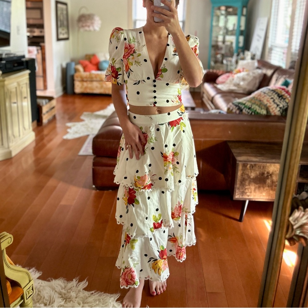 Farm Rio Nanaju Blouse (XS) and Midi Skirt (S) | Tropical Polka Dot 2-Piece Set